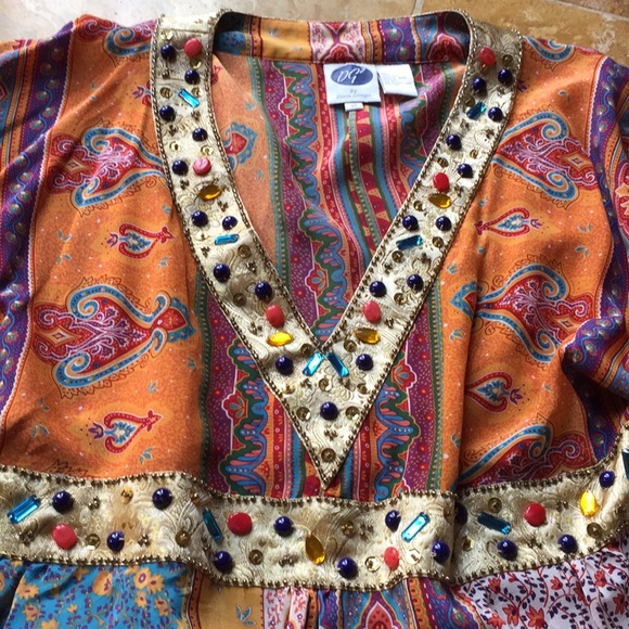 Diane Gilman DG2 boho silk VNeck/gold beaded trim - Picture 3 of 8